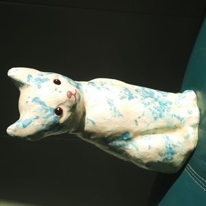 Vintage Decoupage heavy Blue and Cream coloured sitting Cat Figurine handmade
